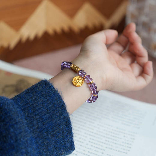 【敦煌百福·紫水晶黄财神手串】九紫离火切面紫水晶手链女 沙金黄财神直切高级感水晶手串 商品图0