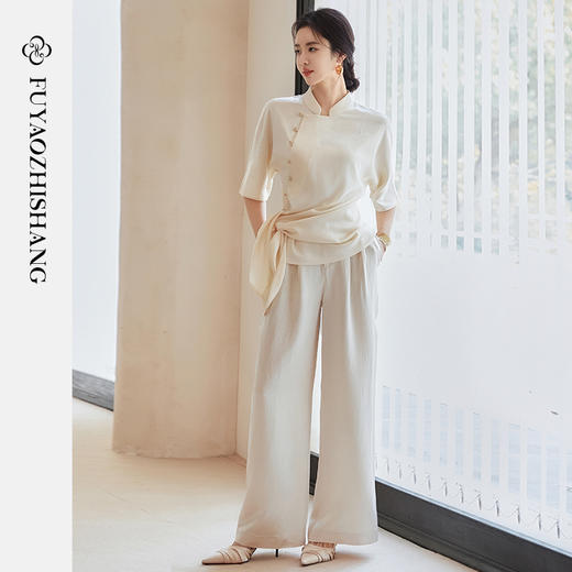 FUYAO扶摇 清冷松弛感国风提花时尚套装女夏季新款斜襟衬衫两件套 商品图2