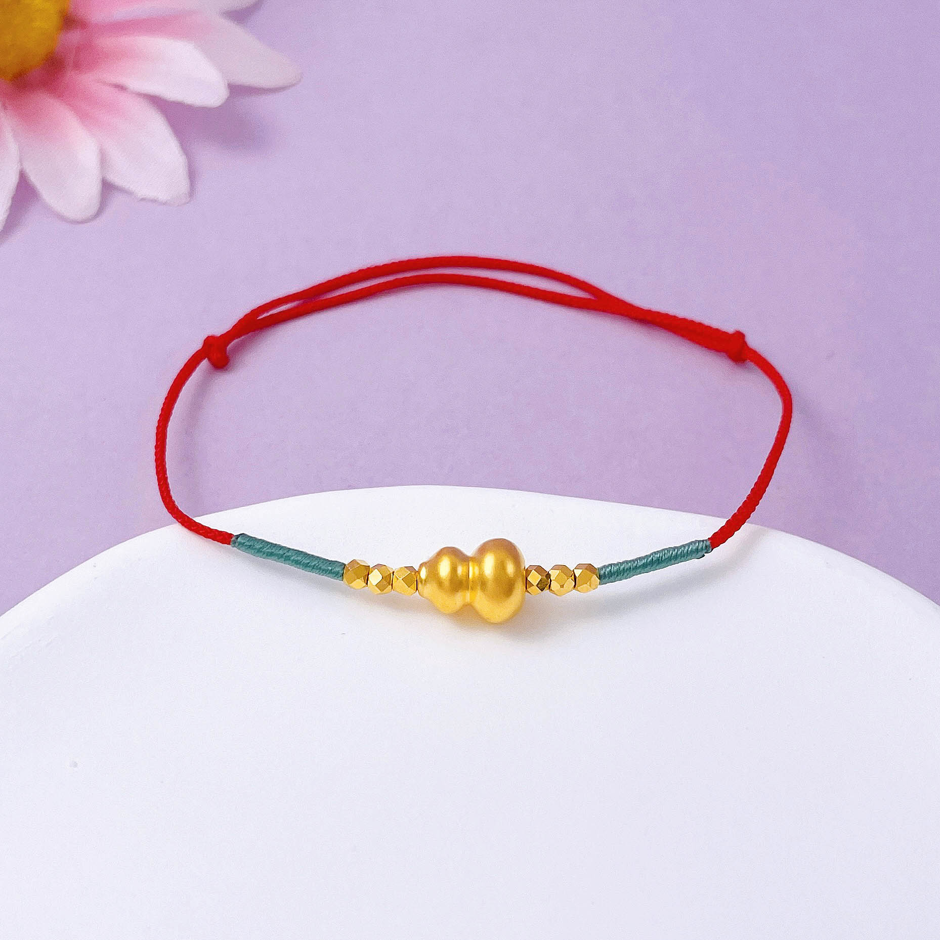 【限时7.5折】【定价黄金】足金 #微硬金 #葫芦 无氰5D硬金古风福禄双至招财葫芦间蹦迪珠编织绳双向调节手链转运红绳成品手串（成人佩戴）(AA5DSC00068)