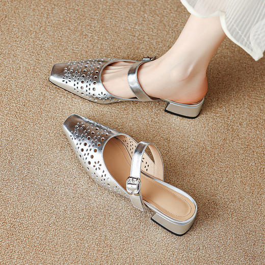 【预售5天】新款羊皮真皮简约方圆头透气时尚百搭中跟外穿镂空穆勒拖MLJ&C131 商品图4