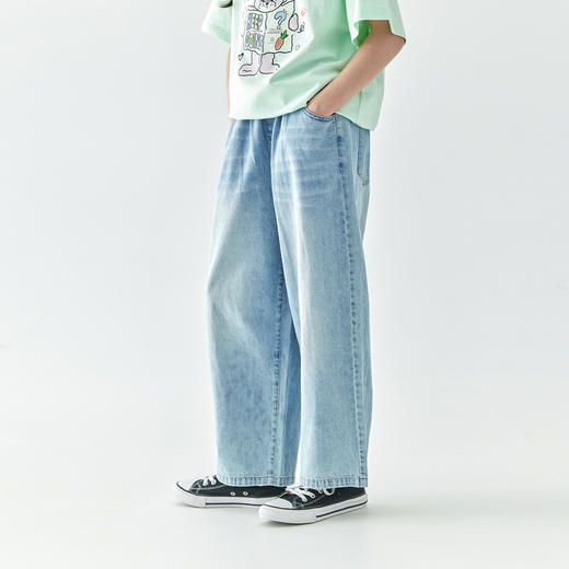 【代发】女款休闲牛仔裤 棵初春夏款蝴蝶结绣花口袋长裤儿童宽松亲子裤子蓝色 商品图1