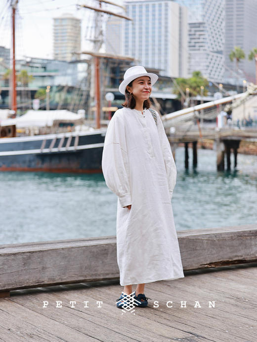 PETIT SCHAN小闪 CLO#787 daylight 白昼 重磅纯亚麻镂空小立领连衣裙 商品图1