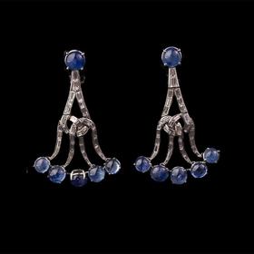 独角鹿西洋古董 19世纪美国出品装饰艺术风格枝形吊灯造型白金镶嵌蓝宝石及钻石耳坠一对