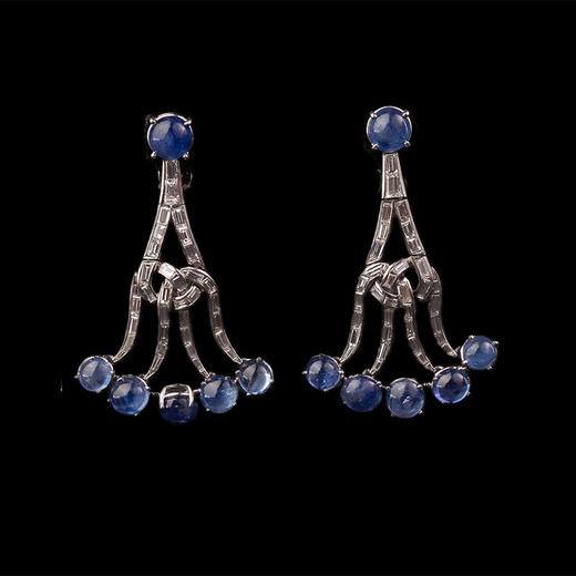 独角鹿西洋古董 19世纪美国出品装饰艺术风格枝形吊灯造型白金镶嵌蓝宝石及钻石耳坠一对 商品图0