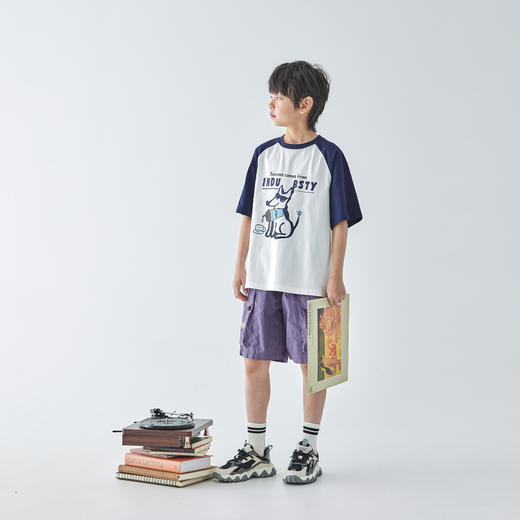 【代发】男童撞色插肩小狗短袖 蓝汽水夏季全棉针织趣味字母印花卡通白拼藏青/紫拼灰 商品图1