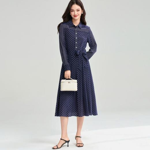 25春法式优雅重工定位印花翻领长袖收腰长款衬衫百褶连衣裙25022 商品图3