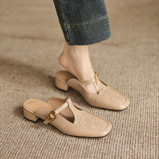 阿么手工女鞋一字带半拖女鞋外穿2025新款百搭小众真皮穆勒鞋3CM 商品图3