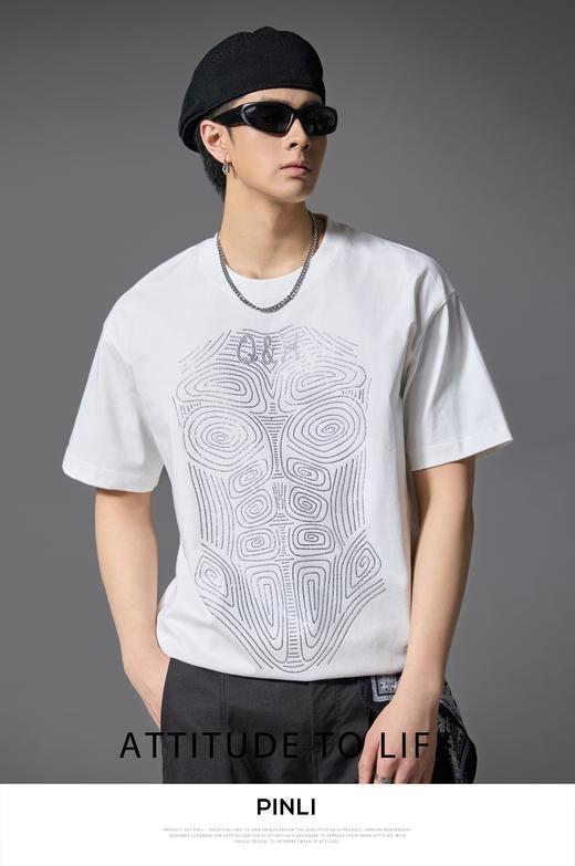 PINLI品立2025春夏新款时尚烫钻短袖T恤男士纯棉潮牌休闲百搭上衣BG252111012 商品图1