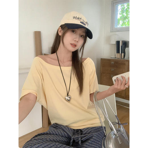 ✨明星同款【多巴胺一字肩短袖T恤】女2025夏季慵懒宽松露肩纯欲上衣 商品图6