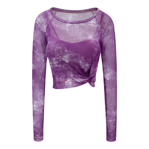 运动套装女夏季新款晕染网纱长袖背心健身印花瑜伽服上衣两件套 商品图4