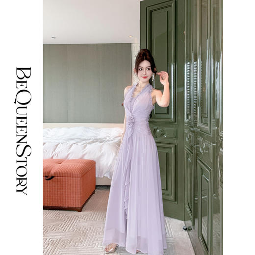 余潇潇【花影悦动】乔其纱手工钉珠印花挂脖V领收腰连衣裙时尚精致 商品图4