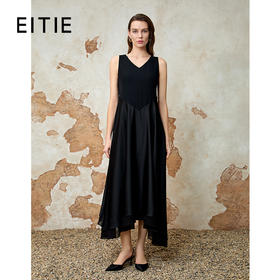 EITIE爱特爱气质优雅拼接修身显瘦不规则裙摆黑色无袖连衣裙夏季新款8207956