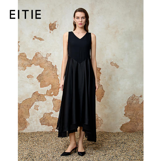 EITIE爱特爱气质优雅拼接修身显瘦不规则裙摆黑色无袖连衣裙夏季新款8207956 商品图0