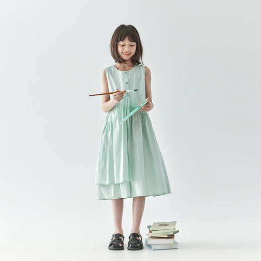【代发】女款纯色连衣裙 棵初夏季款亲子中大女童纯棉无袖裙子木耳边宽松仙女裙湖水绿/紫色 商品图4