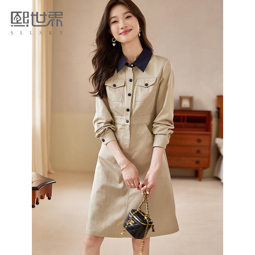 【五折购】熙世界休闲复古工装风连衣裙女2025秋新款时尚长袖撞色衬衫裙子 商品图0