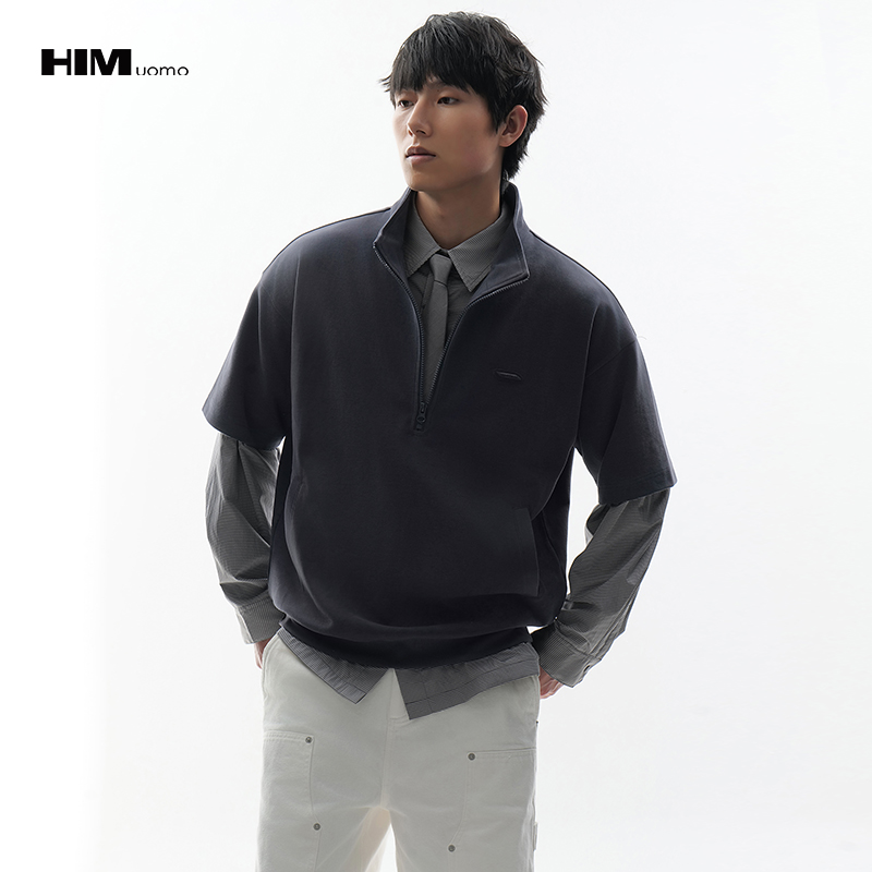 HIM漢崇  时尚刻字胶囊章舒适休闲半开襟立领短袖卫衣 2026春季