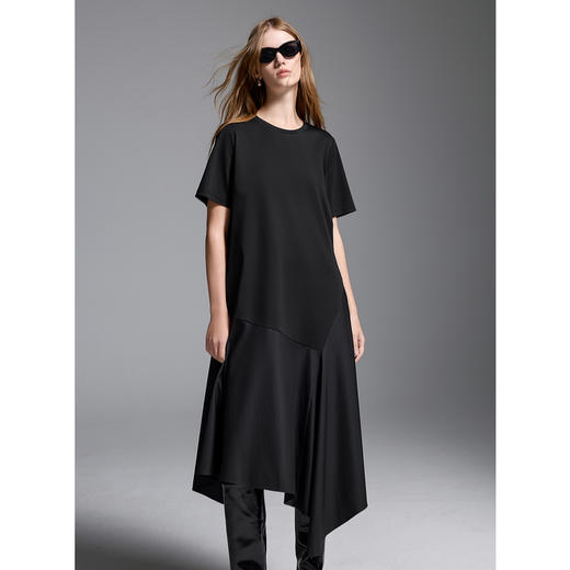 三彩2025夏季新款拼接连衣裙圆领宽松短袖直筒裙长裙简约S 商品图3