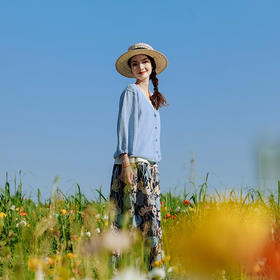 绽放旅行女装161朵/春日花园阔腿裤亚麻百合花印花山系透气裤子