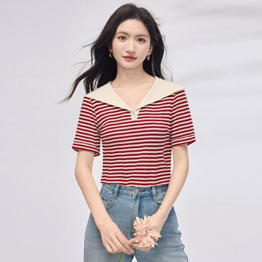 【周四狂欢价】熙世界航海系海军领条纹T恤短袖女士夏季法式宽松慵懒正肩上衣 商品图3