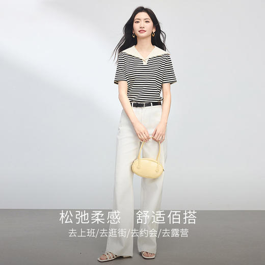 【周四狂欢价】熙世界航海系海军领条纹T恤短袖女士夏季法式宽松慵懒正肩上衣 商品图2