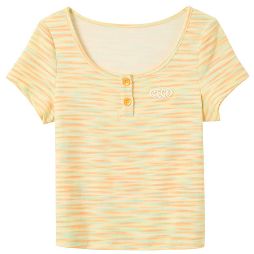 三彩独醒2025夏季新款多巴胺条纹T恤U领正肩短袖上衣修身短款F 商品图4