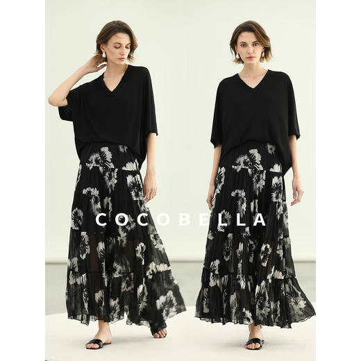 COCOBELLA国风水墨手绘超大摆半身裙女夏手工捏褶长裙HS3108 商品图1