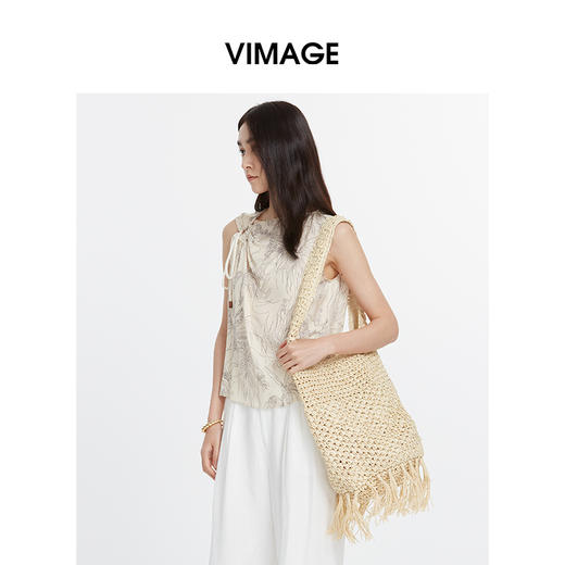 VIMAGE纬漫纪国风线条花卉斜领抽褶时尚温柔背心上衣2025夏季新款V2313930 商品图1