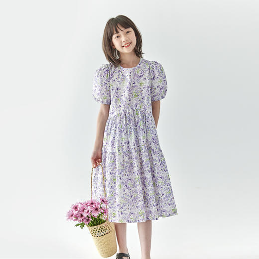 棵初2025夏季新款亲子中大女童碎花连衣裙纯棉紫色蓬蓬裙 商品图2