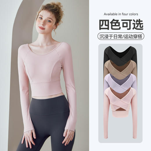 瑜伽服女新款带胸垫网纱交叉美背长袖t恤运动户外健身服上衣 商品图2