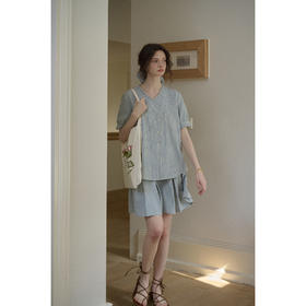 SimpleRetro法式斜门襟色织格纹套装短袖衬衫半身裙子