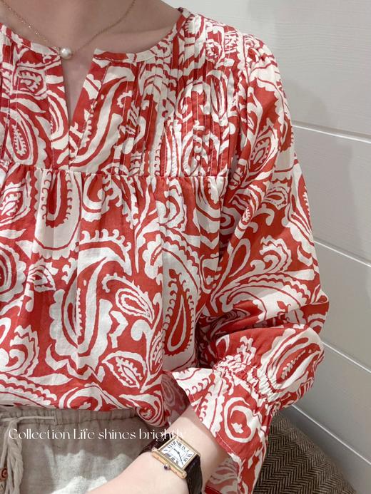 生活闪闪发光 | 法式排折工艺 100s印度棉腰果花纹衬衫 砖红色 商品图0