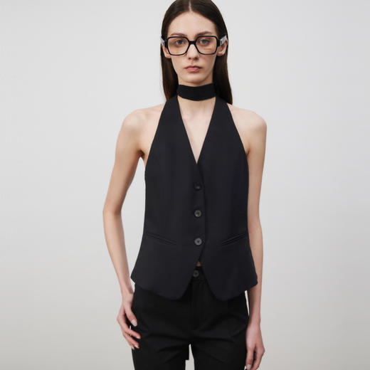 lost in echo2025春夏新款V领挂脖真丝收腰背心马甲高腰喇叭裤 商品图0