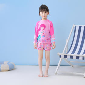 【女童泳衣，长袖设计，透气舒适】新款儿童泳衣 女童分体长袖 沙滩运动网平角裤裙泳装 小中大童游泳衣-QQ
