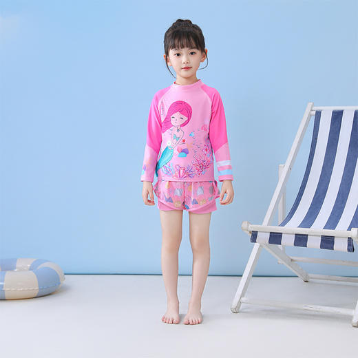 【女童泳衣，长袖设计，透气舒适】新款儿童泳衣 女童分体长袖 沙滩运动网平角裤裙泳装 小中大童游泳衣-QQ 商品图0