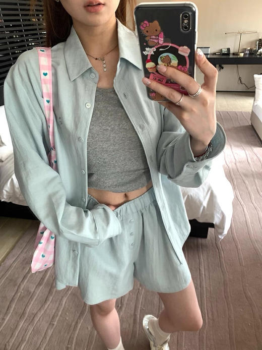 【GZ】无忧购老钱风亚麻刺绣图案宽松百搭衬衫+显瘦背心+松紧腰慵懒休闲短裤套装 7888-5#(截单后7天发货) 商品图7