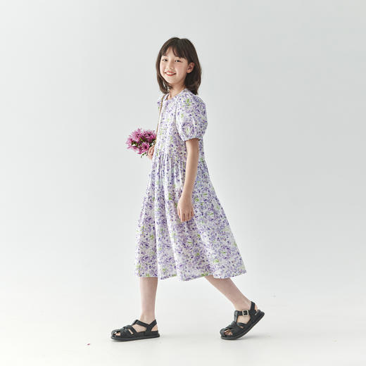 棵初2025夏季新款亲子中大女童碎花连衣裙纯棉紫色蓬蓬裙 商品图4