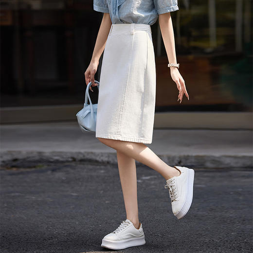 熙世界纯棉白色牛仔半身裙女2025夏季新款小个子显瘦a字直筒中裙 商品图4