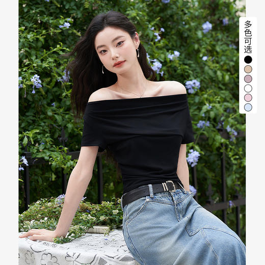 【限时秒杀】西遇一字肩短袖上衣女夏季新款大领口设计感显瘦短款正肩t恤V0050562/V0050554 商品图4