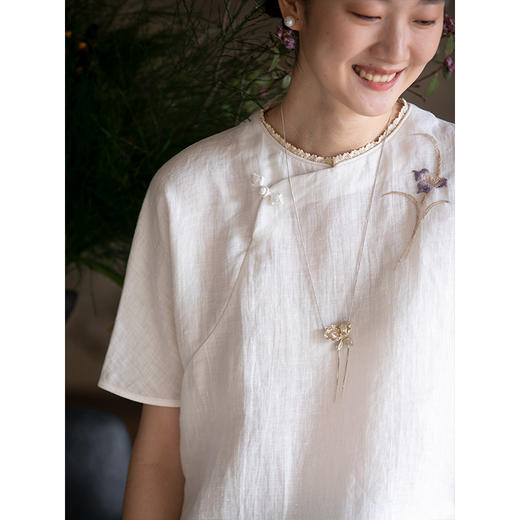 牧衣游原创 手工刺绣汉麻套头衫柔软舒适禅意短袖上衣 雾入森海 商品图1