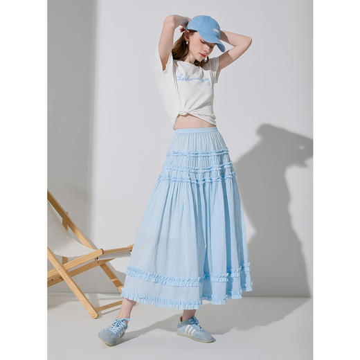 三彩2025夏季新款木耳边半身裙松紧腰A字裙蛋糕裙长裙清新M 商品图1