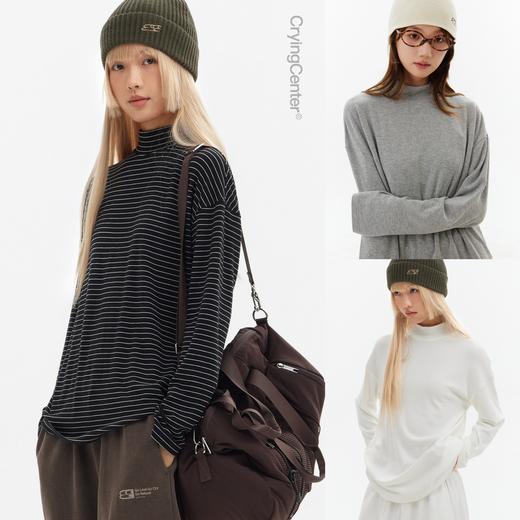 CryingCenter 花灰白 黑条纹小高领弹力羊绒感打底上衣 哭喊中心 商品图0
