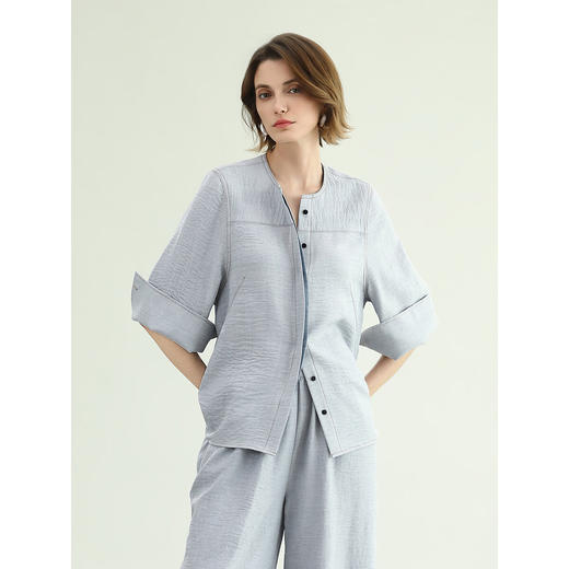 COCOBELLA重工撞色牛仔线肌理感衬衫女蓝调七分袖上衣SR0069 商品图1