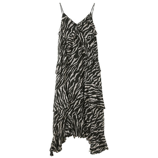 三彩2025夏季新款斑马纹吊带裙荷叶边连衣裙A字长裙度假M 商品图4