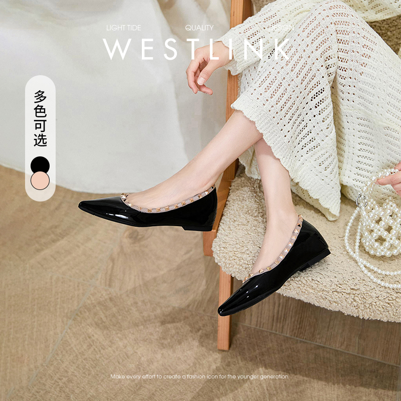 【限时秒杀】西遇尖头单鞋女新款法式漆皮铆钉内增高女鞋黑色浅口瓢鞋V0256272