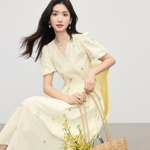 【专属特价】熙世界绣花V领连衣裙女收腰显瘦淡人穿搭法式茶歇裙2025夏季新款 商品图3