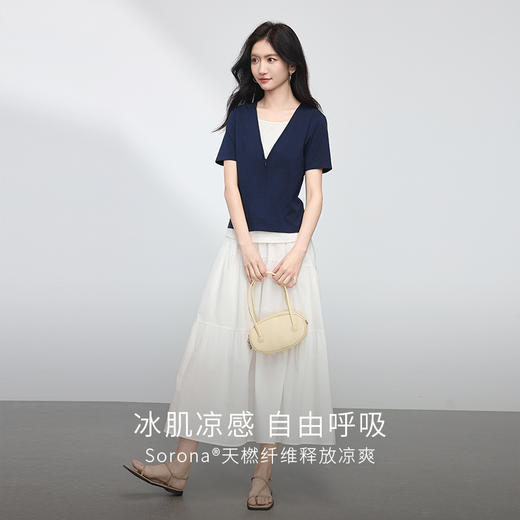 【专属特价】熙世界设计感拉链撞色V领假两件T恤短袖休闲体恤上衣女2025夏新款 商品图1