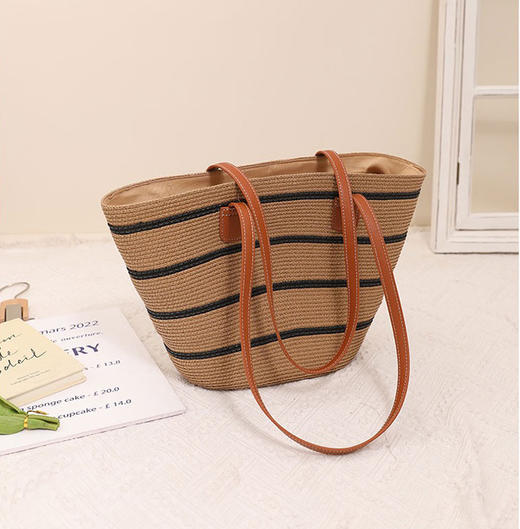 *【团购】【出游首选】美莞尔女款夏季草帽复古条纹草编包大容量托特包单肩包休闲编织包度假沙滩包W1-B10 商品图2