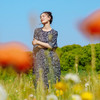 绽放243朵/繁花连衣裙砂洗苎麻蓝花连身蝙蝠袖一字领印花中袖裙子 商品缩略图0