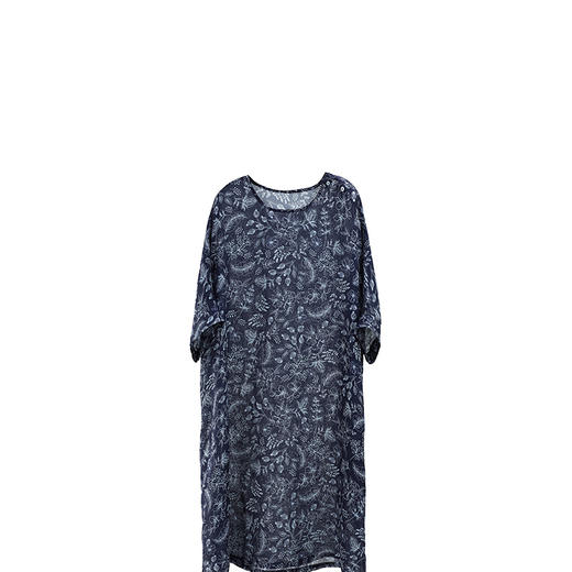 绽放243朵/繁花连衣裙砂洗苎麻蓝花连身蝙蝠袖一字领印花中袖裙子 商品图4