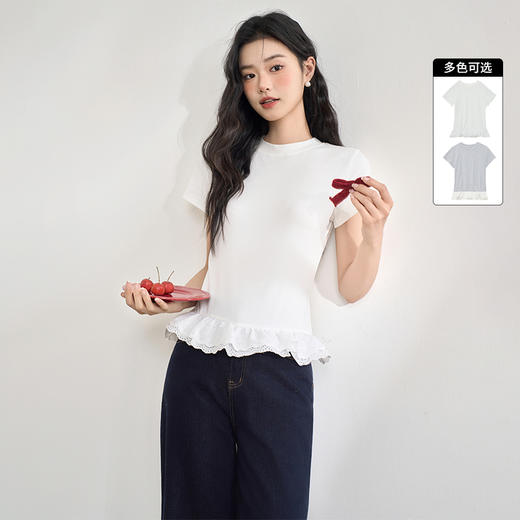 【芭蕾风花边】蕾丝拼接短袖T恤女夏季减龄显瘦短款上衣V0050777 商品图0